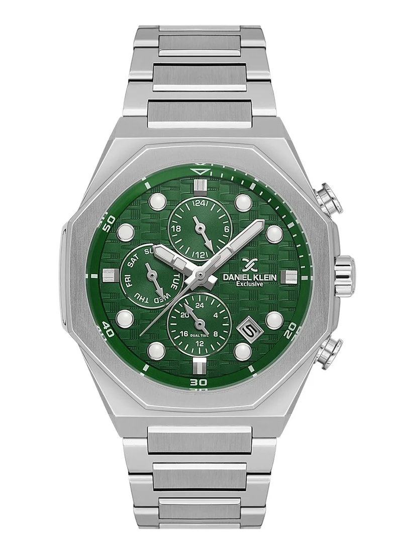 DANIEL KLEIN Men's Stainless Steel Silver Brass Case Analog Dark Green Round Emboss Dial Japanese Quartz Exclusive 50 Meters Water Resistant